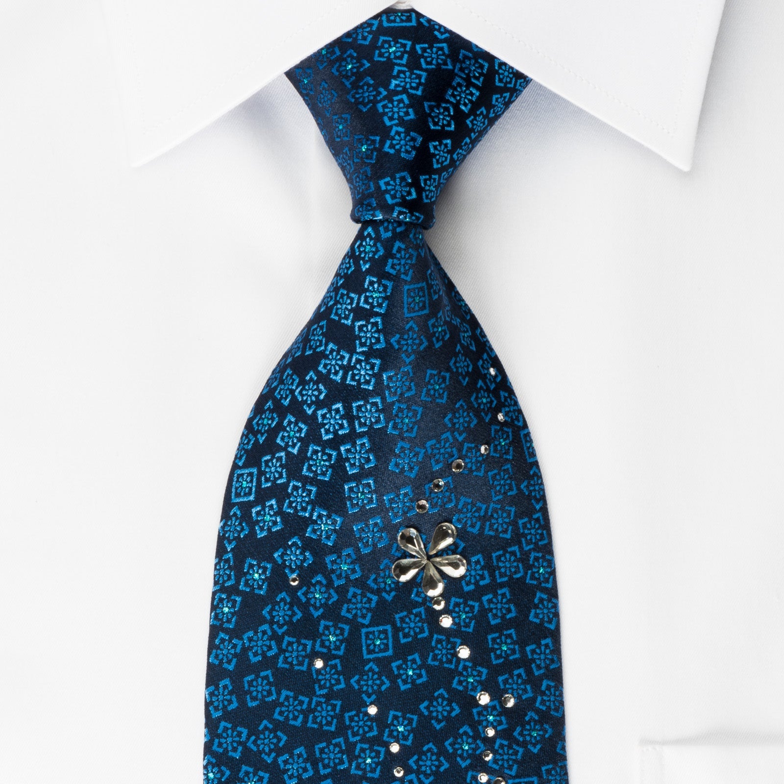 Light Blue Geometric on Navy Rhinestone Silk Tie with Blue Sparkles