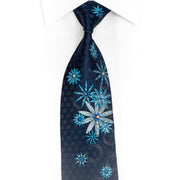 Floral On Blue Rhinestone Silk Necktie With Silver Sparkles