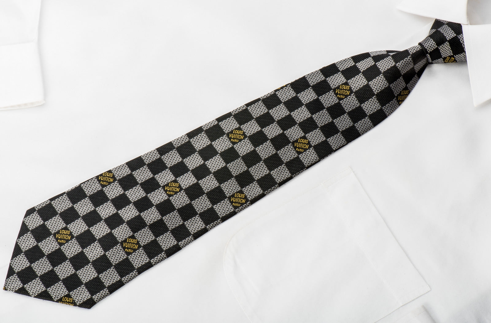 Louis Vuitton Black & Gold Jacquard Damier Silk Tie - ShopStyle